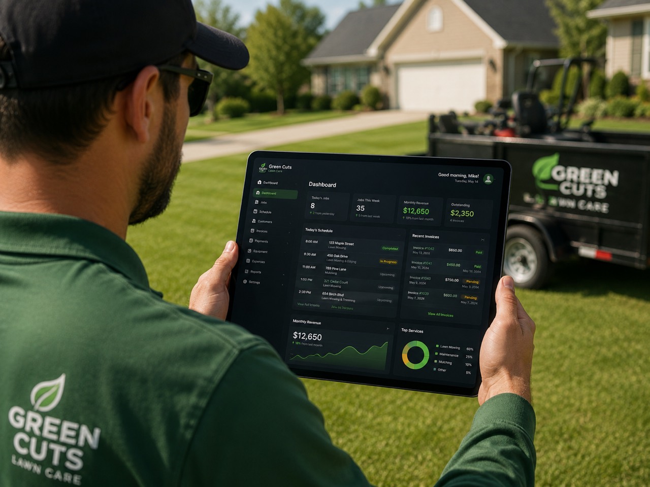 A lawn care professional reviewing jobs, revenue, invoices, and schedules on a tablet in the field.